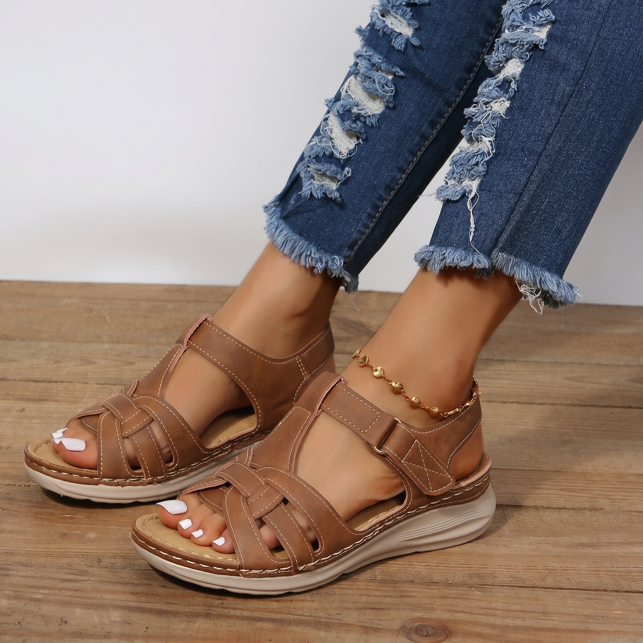 Helen - Women's Orthopedic Velcro Cut-Out Wedge Sandals