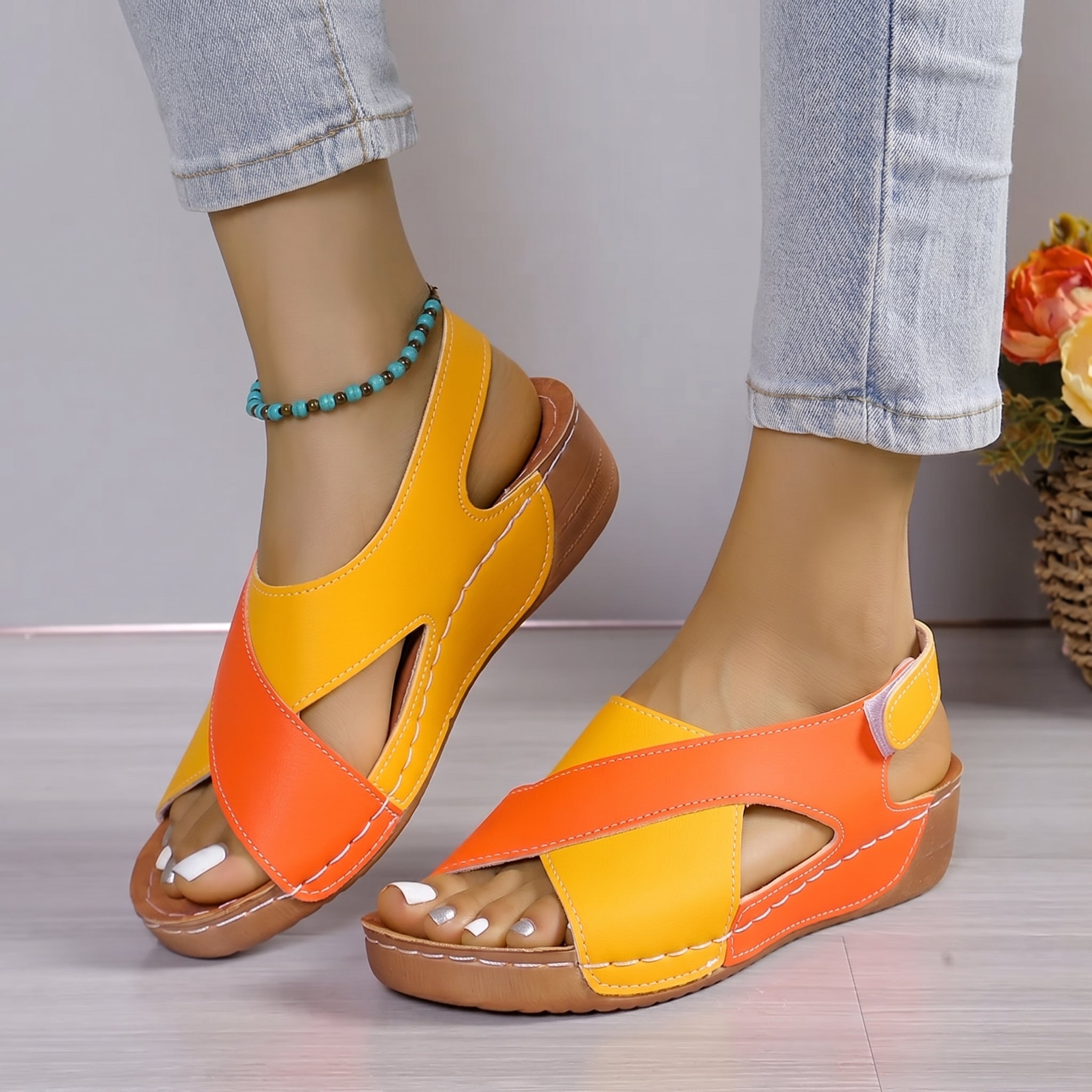 Alice - Women's Orthopedic Cut-Out Wedge Sandals with Velcro Strap