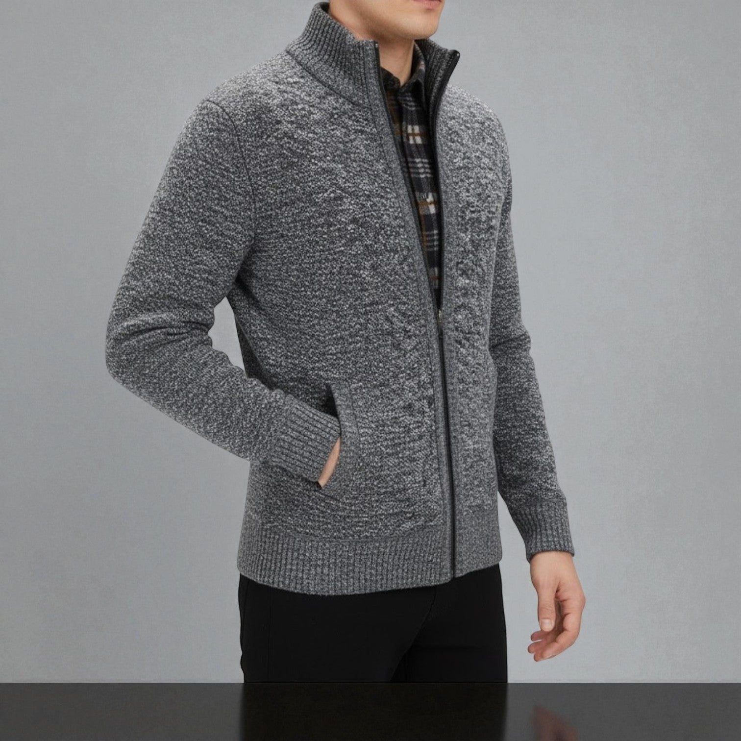 Elias – Men's Cardigan with Zipper & Stand-Up Collar
