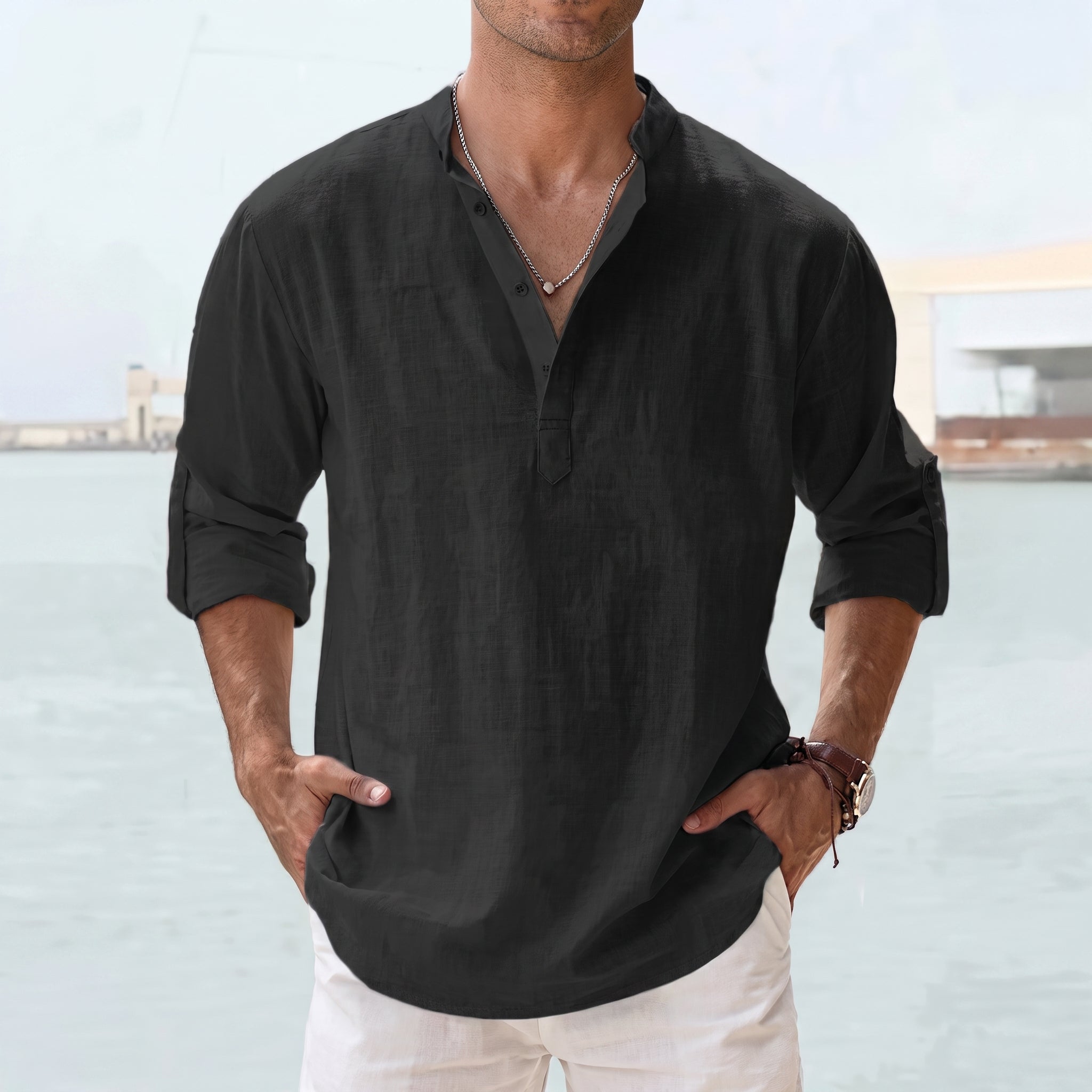 Arthur - Men's Relaxed Fit Grandad Collar Long Sleeve Shirt
