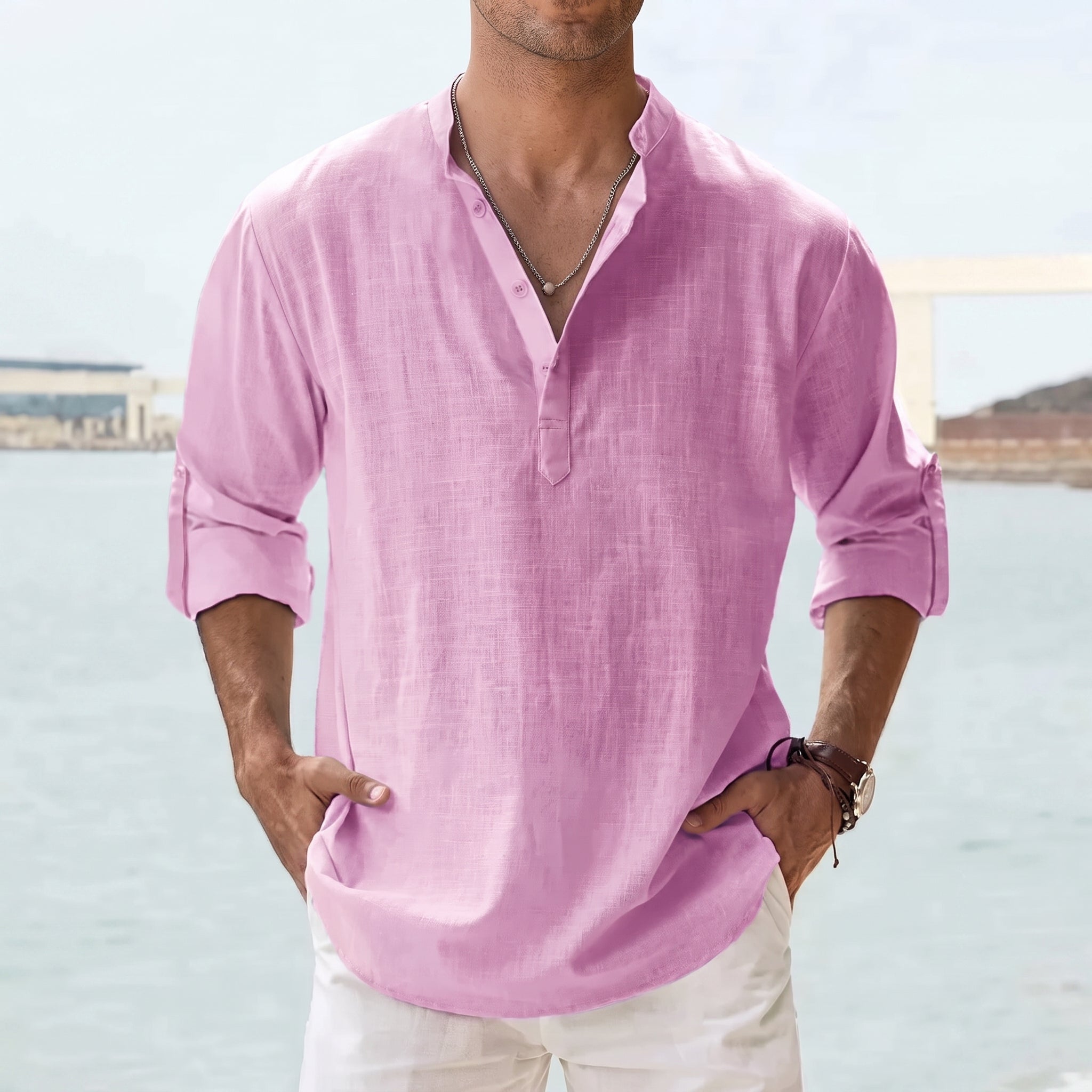 Arthur - Men's Relaxed Fit Grandad Collar Long Sleeve Shirt