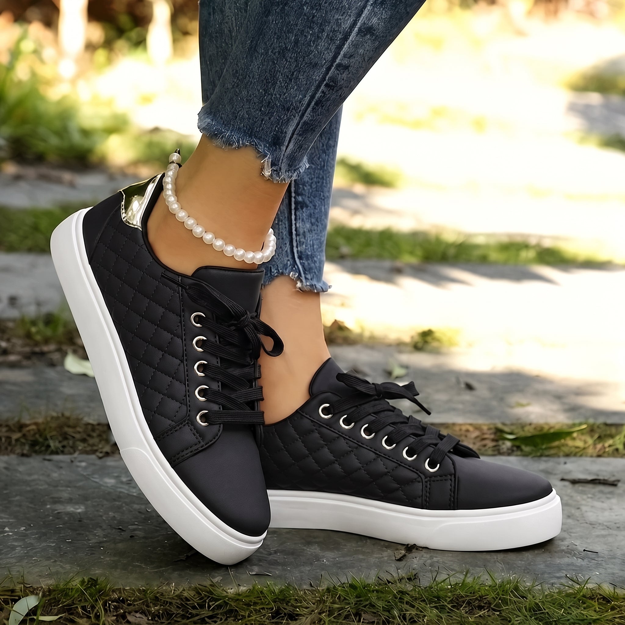 Alice - Women's Orthopedic Quilted Gold Eyelet Sneakers