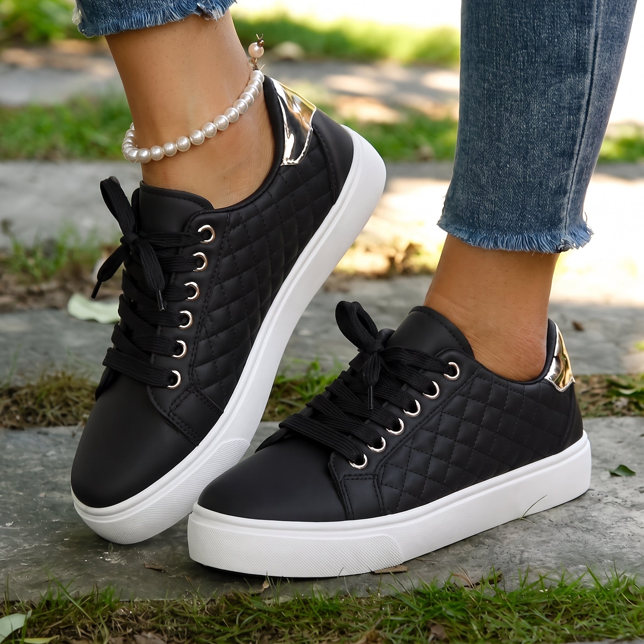 Alice - Women's Orthopedic Quilted Gold Eyelet Sneakers