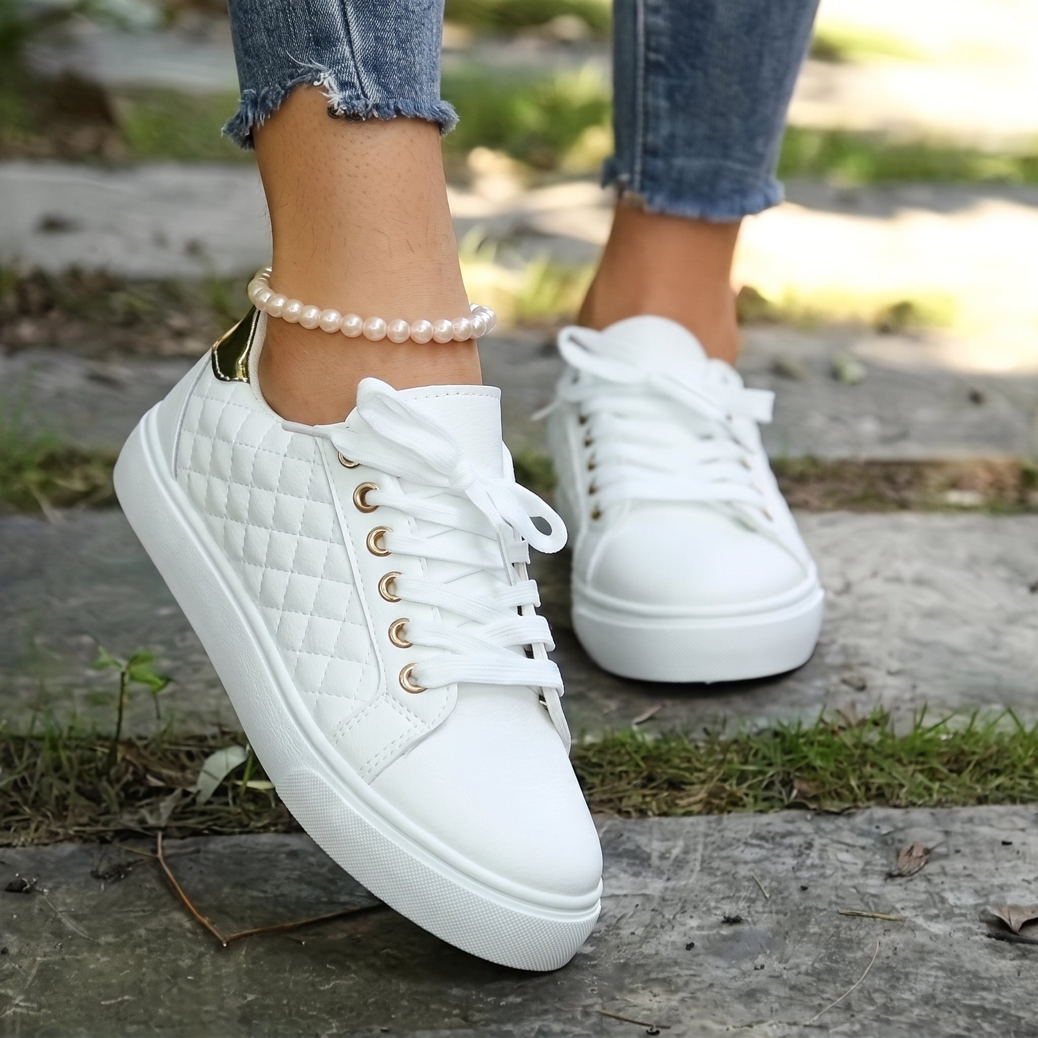 Alice - Women's Orthopedic Quilted Gold Eyelet Sneakers