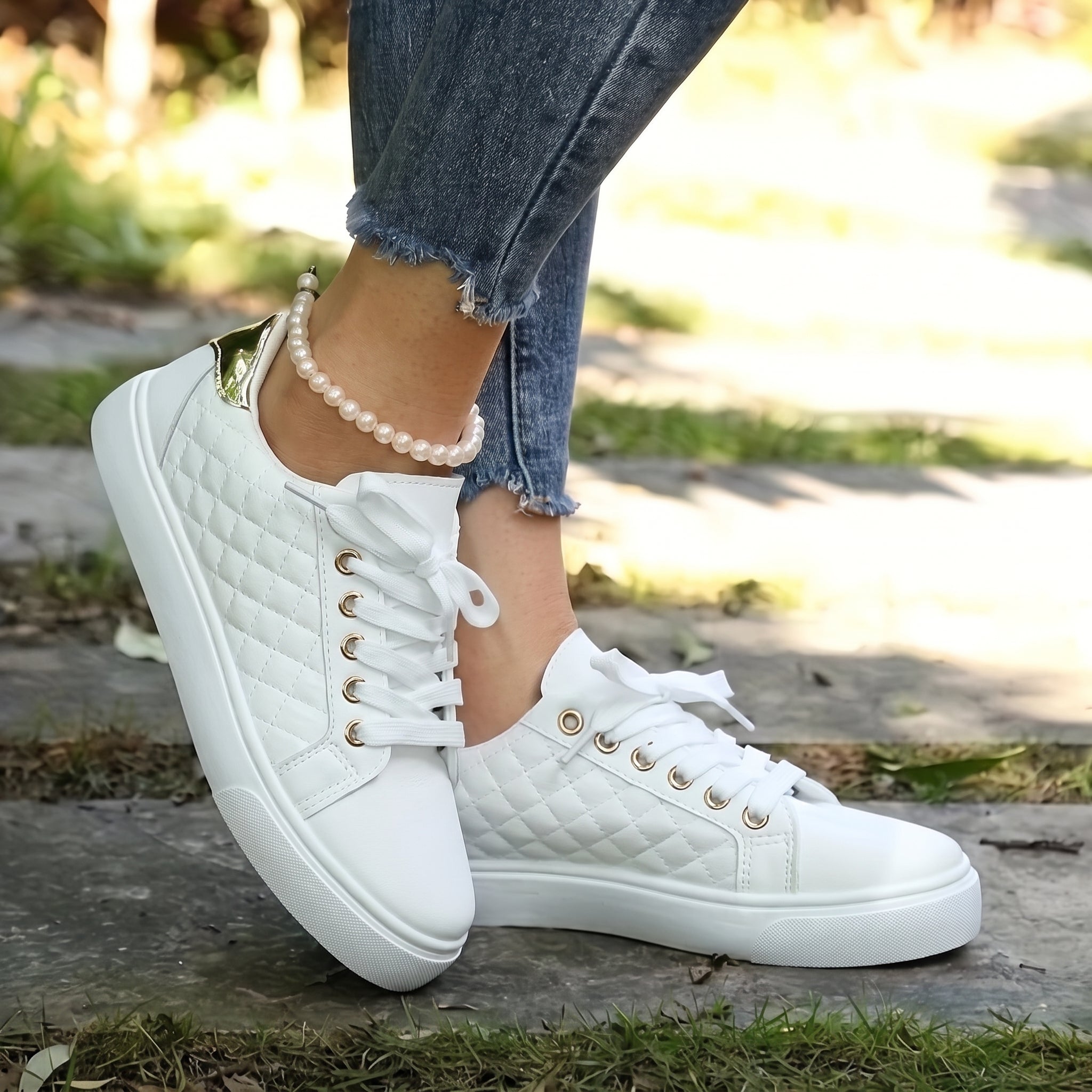 Alice - Women's Orthopedic Quilted Gold Eyelet Sneakers