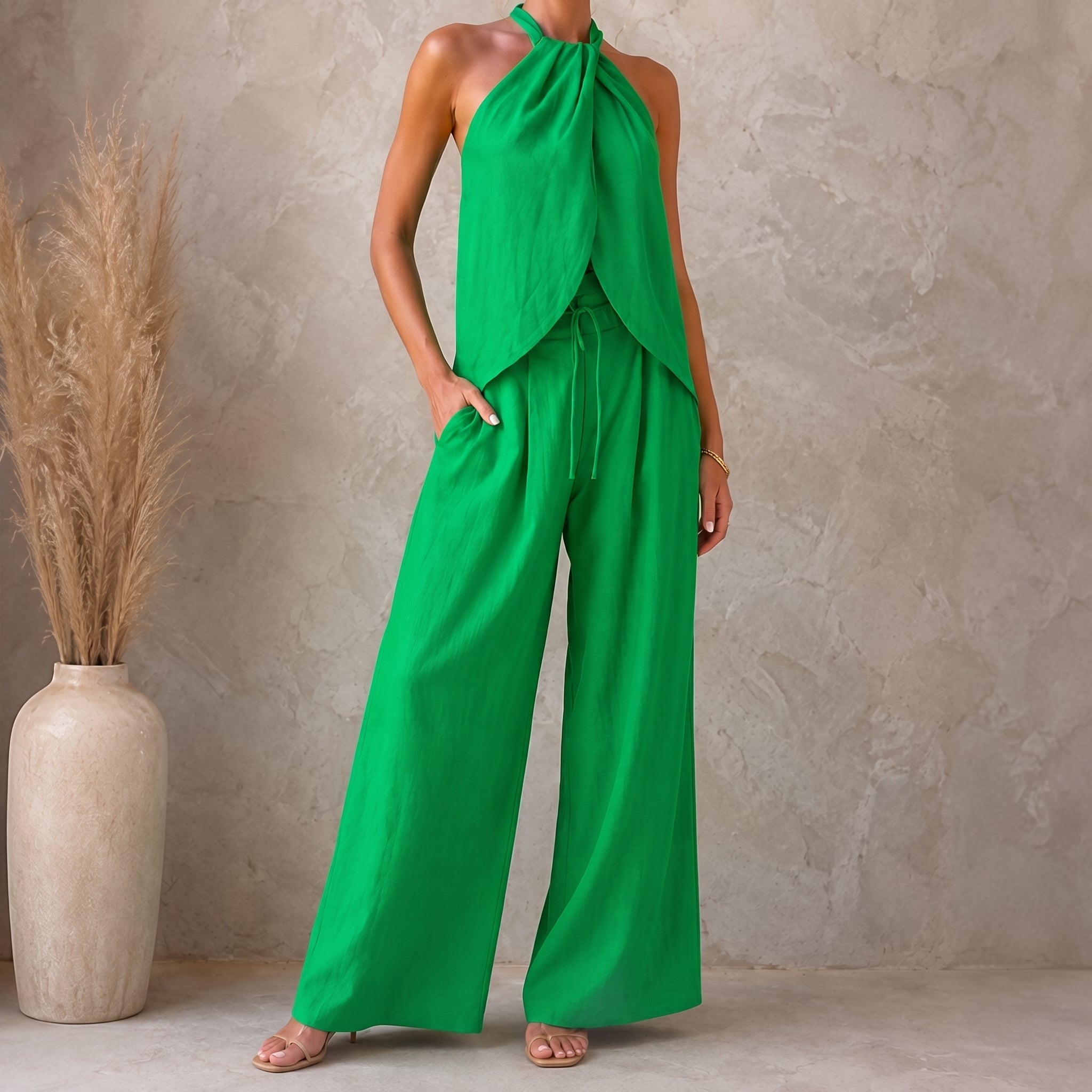Phoebe - Women's Summer Halter Neck Wrap Top Trouser Co-ord Set