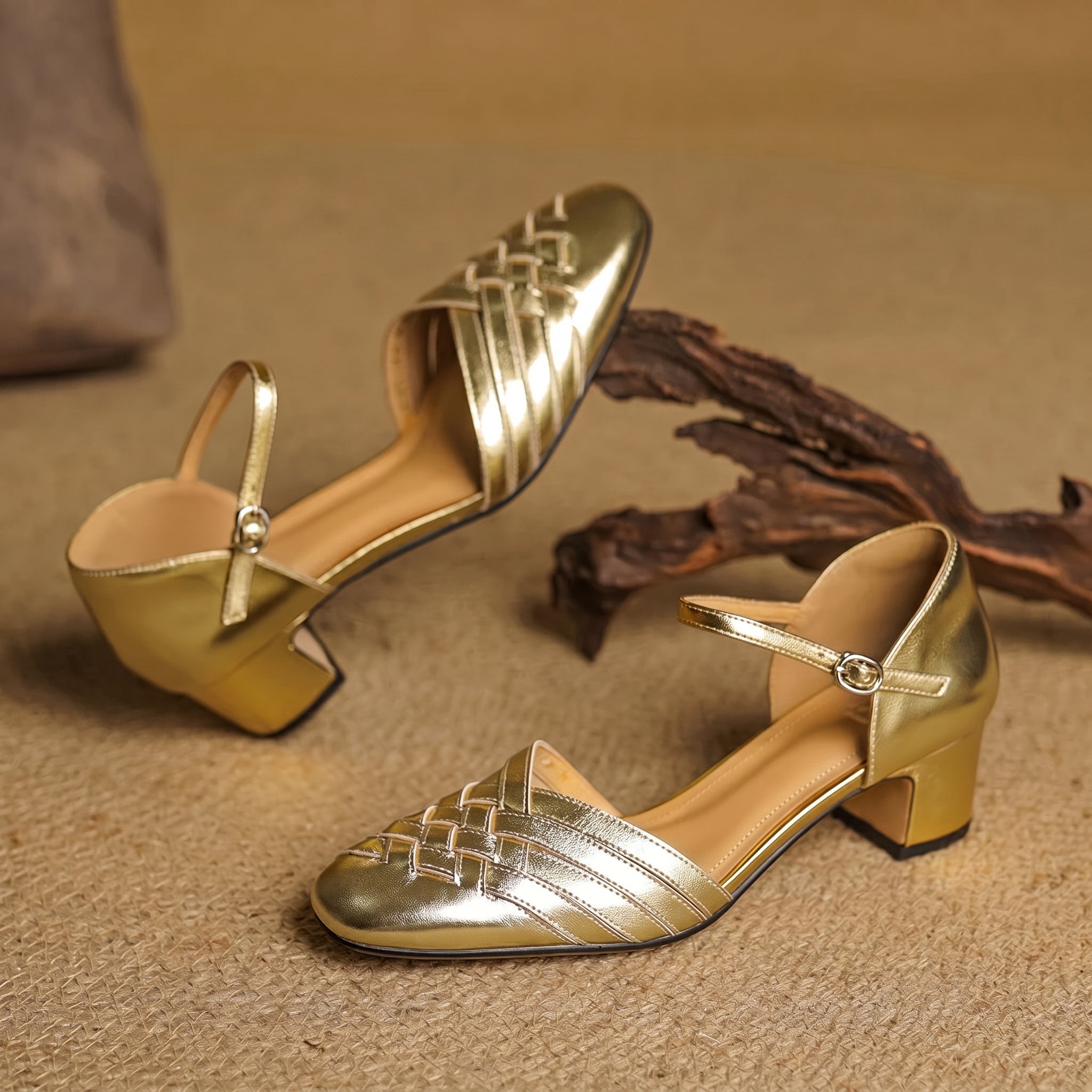 Rosa - Women's Woven Pumps with Buckle Ankle Strap
