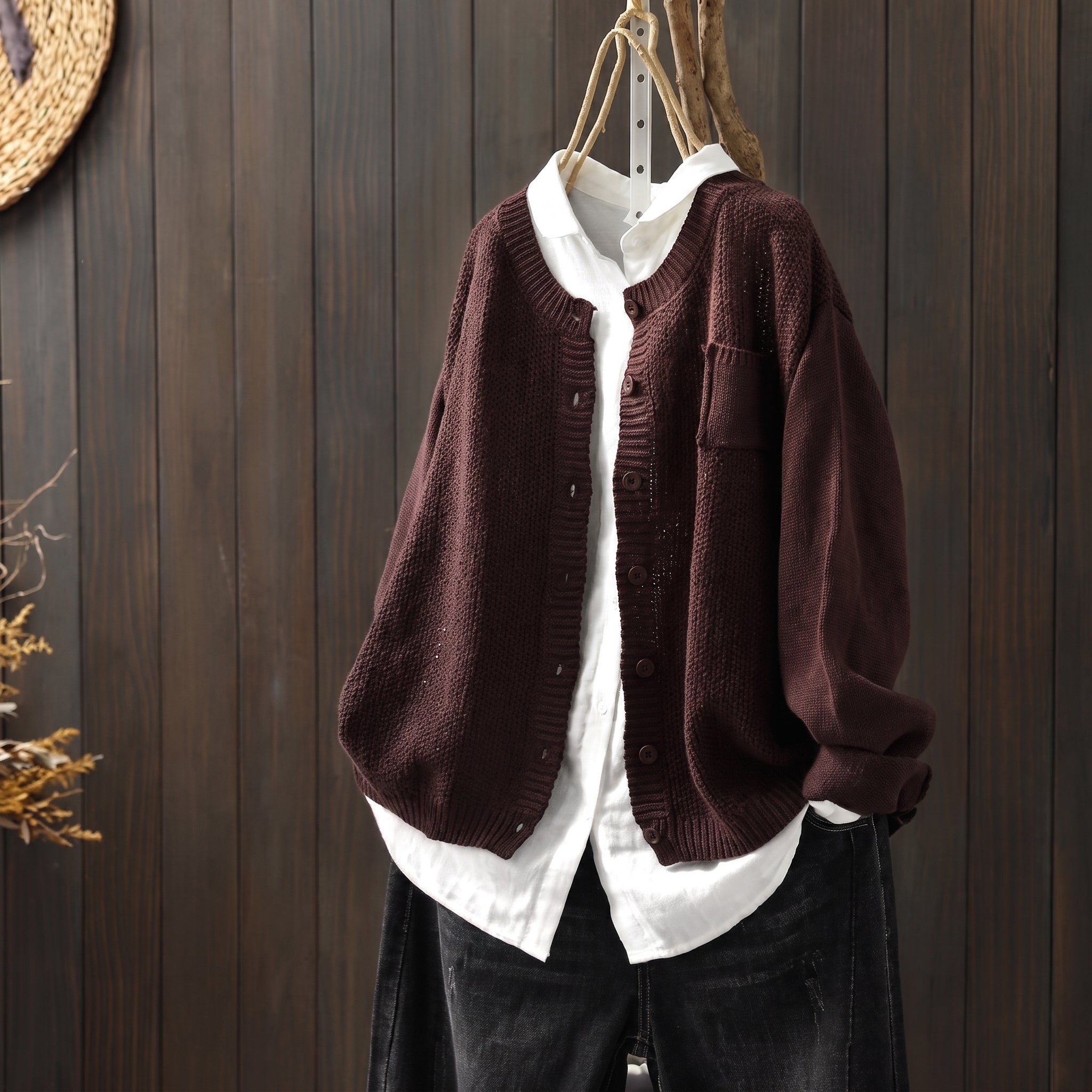 Margaret - Women's Oversized Button-Front Cardigan with Chest Pocket