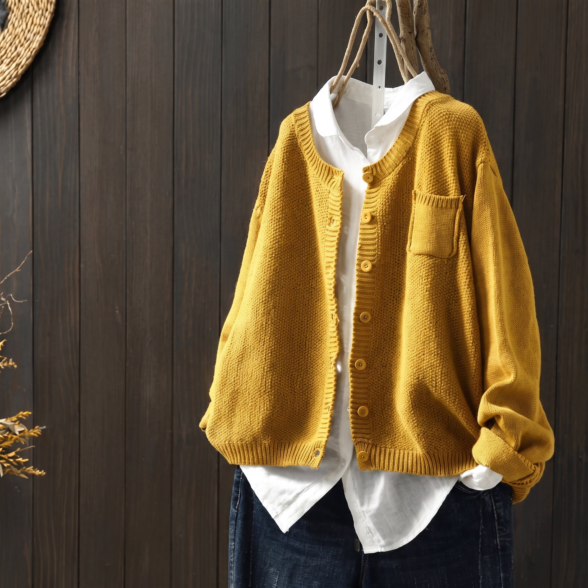 Margaret - Women's Oversized Button-Front Cardigan with Chest Pocket
