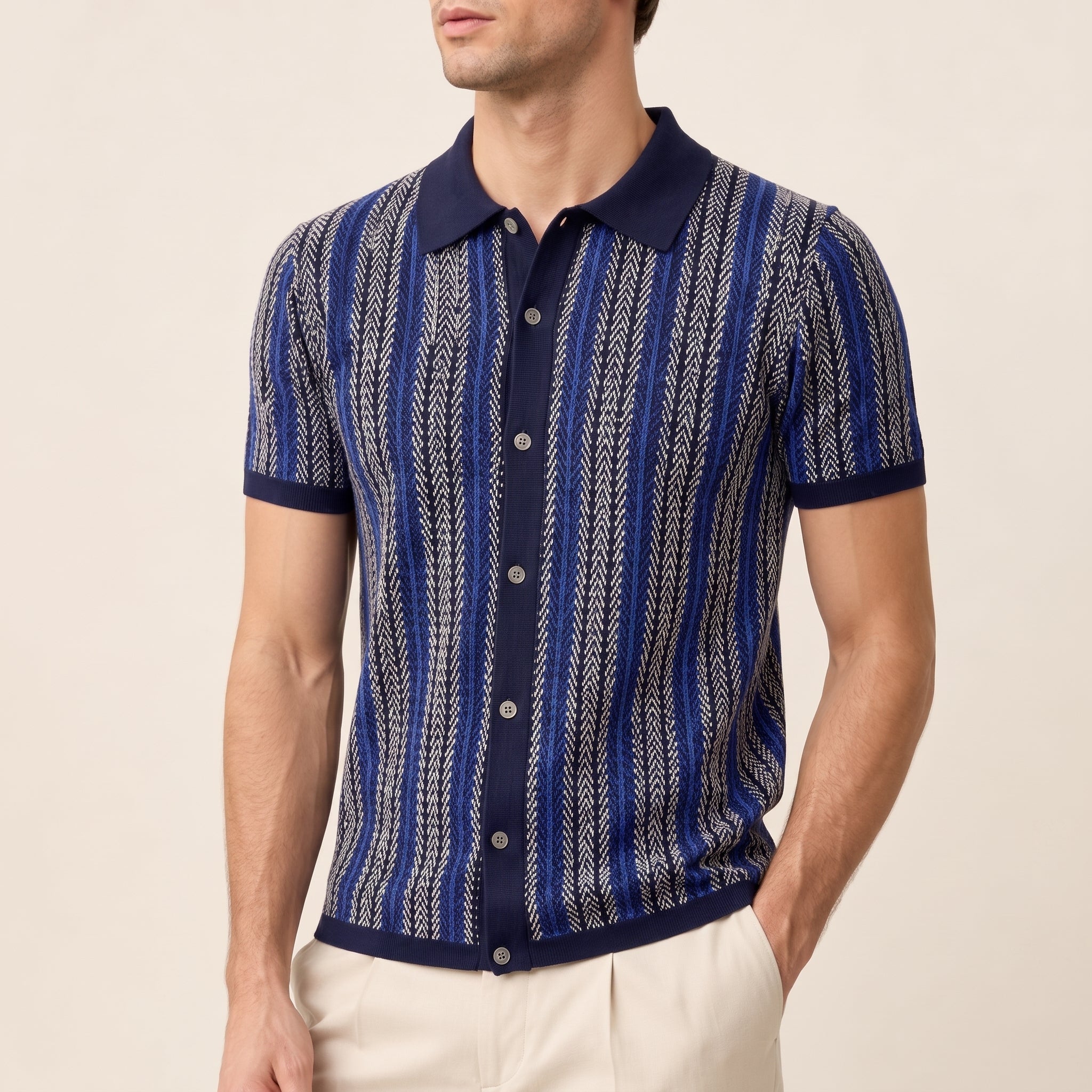 Henry - Men's Summer Vertical Stripe Button-Down Polo Shirt