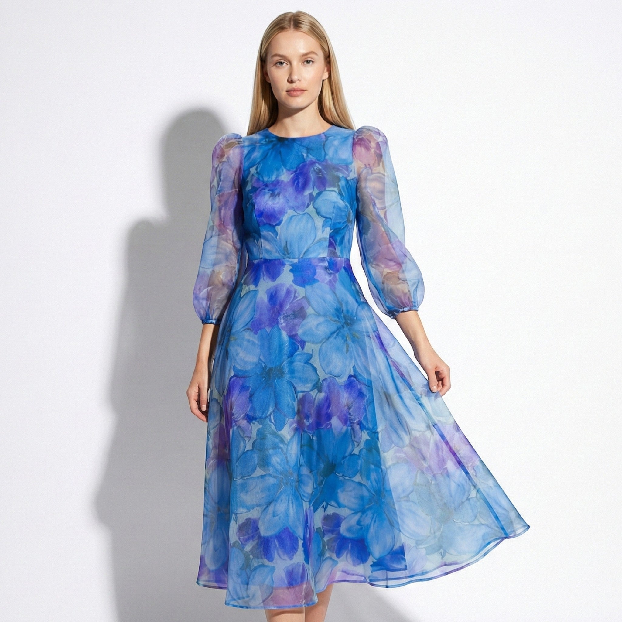 Aria - Women's Floral Print Midi Dress with Sheer Sleeves