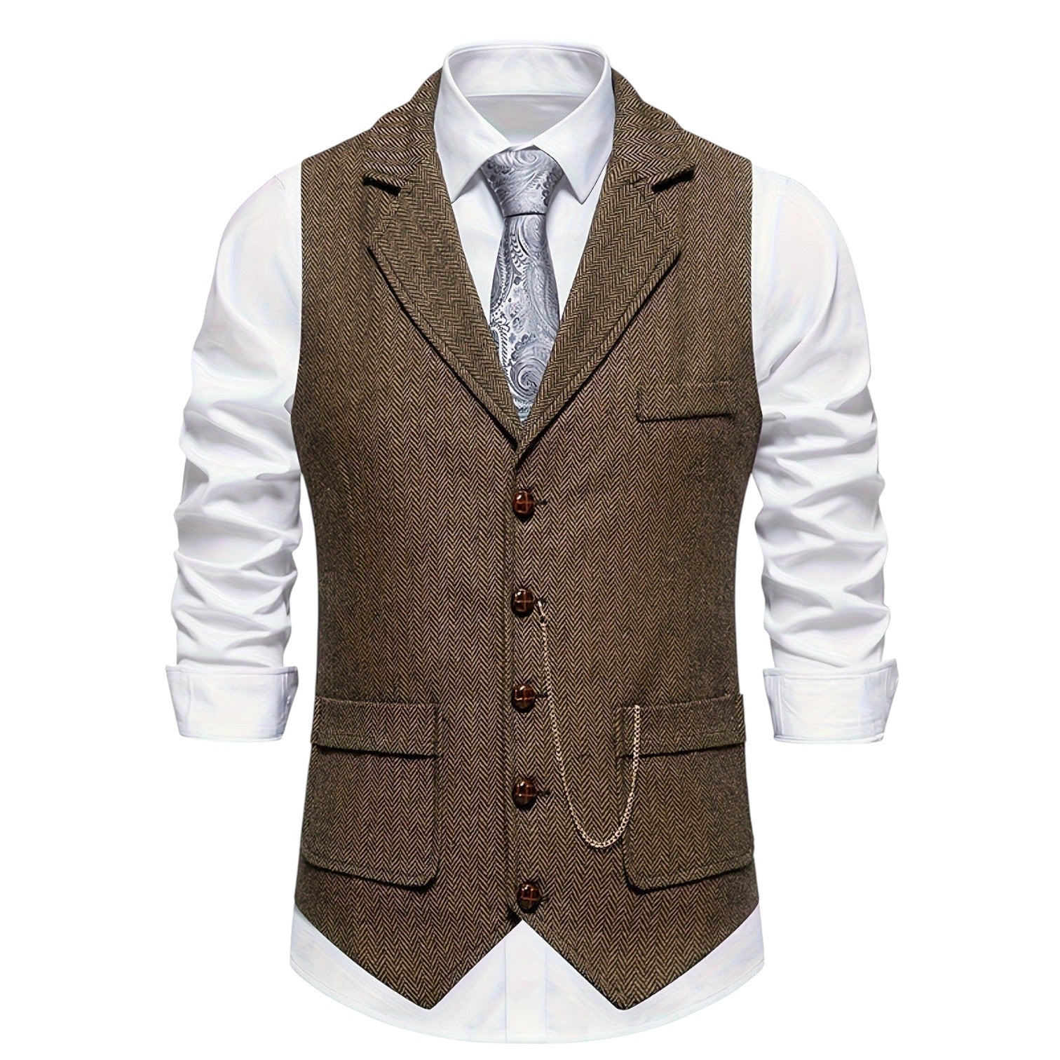 Men's Tweed Herringbone Vest with Notch Lapel and Six-Button Front
