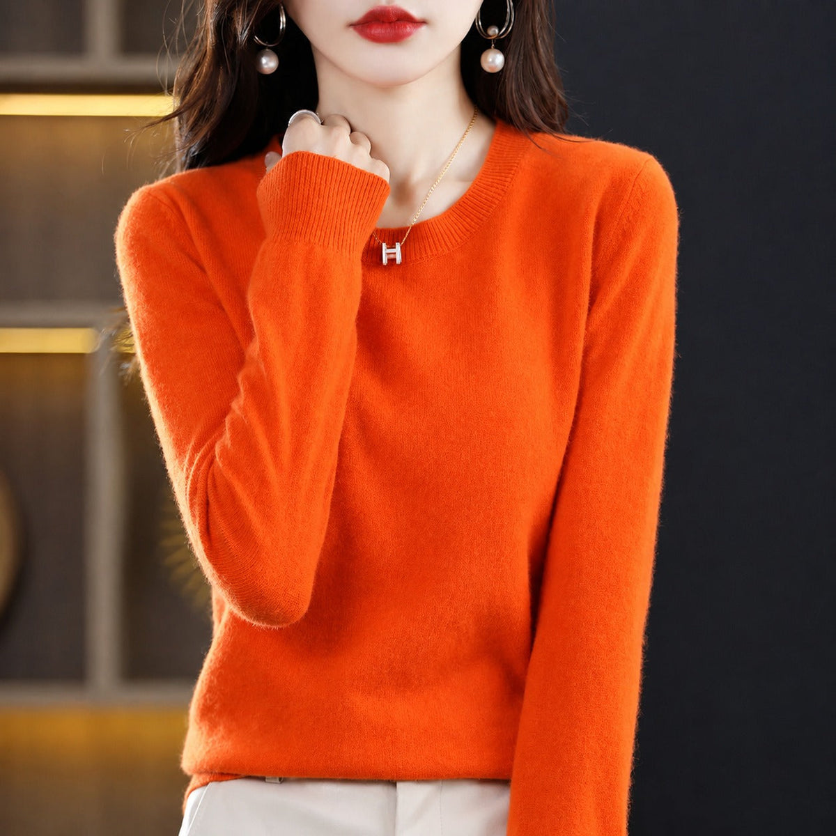 Erica - Women's Crew Neck Sweater with Ribbed Trim