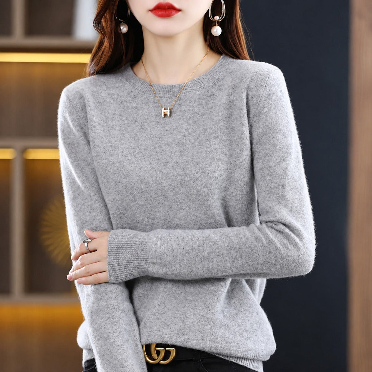 Erica - Women's Crew Neck Sweater with Ribbed Trim