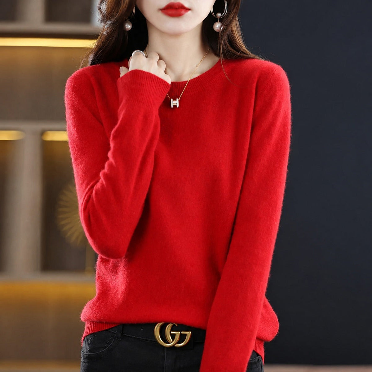 Erica - Women's Crew Neck Sweater with Ribbed Trim