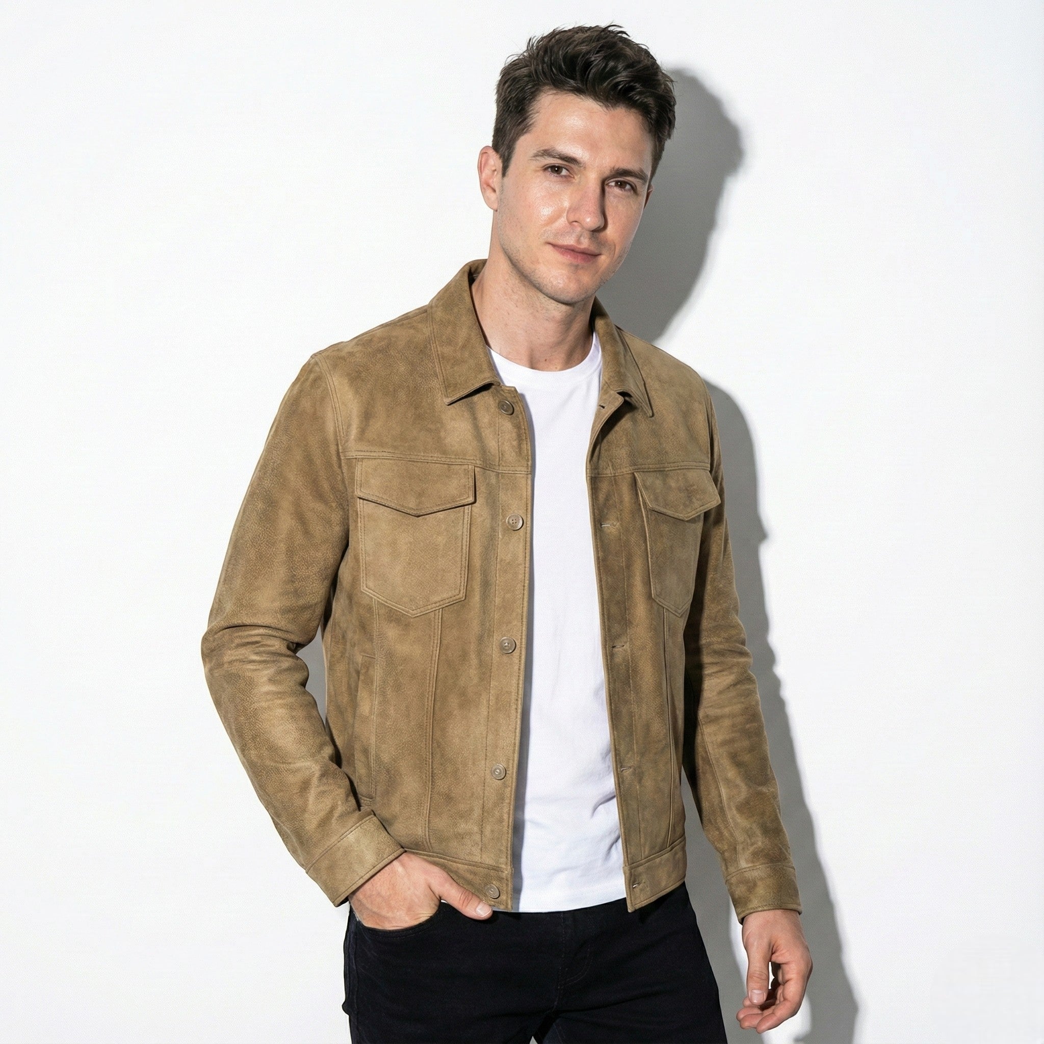 Men's Suede Trucker Jacket with Chest Flap Pockets