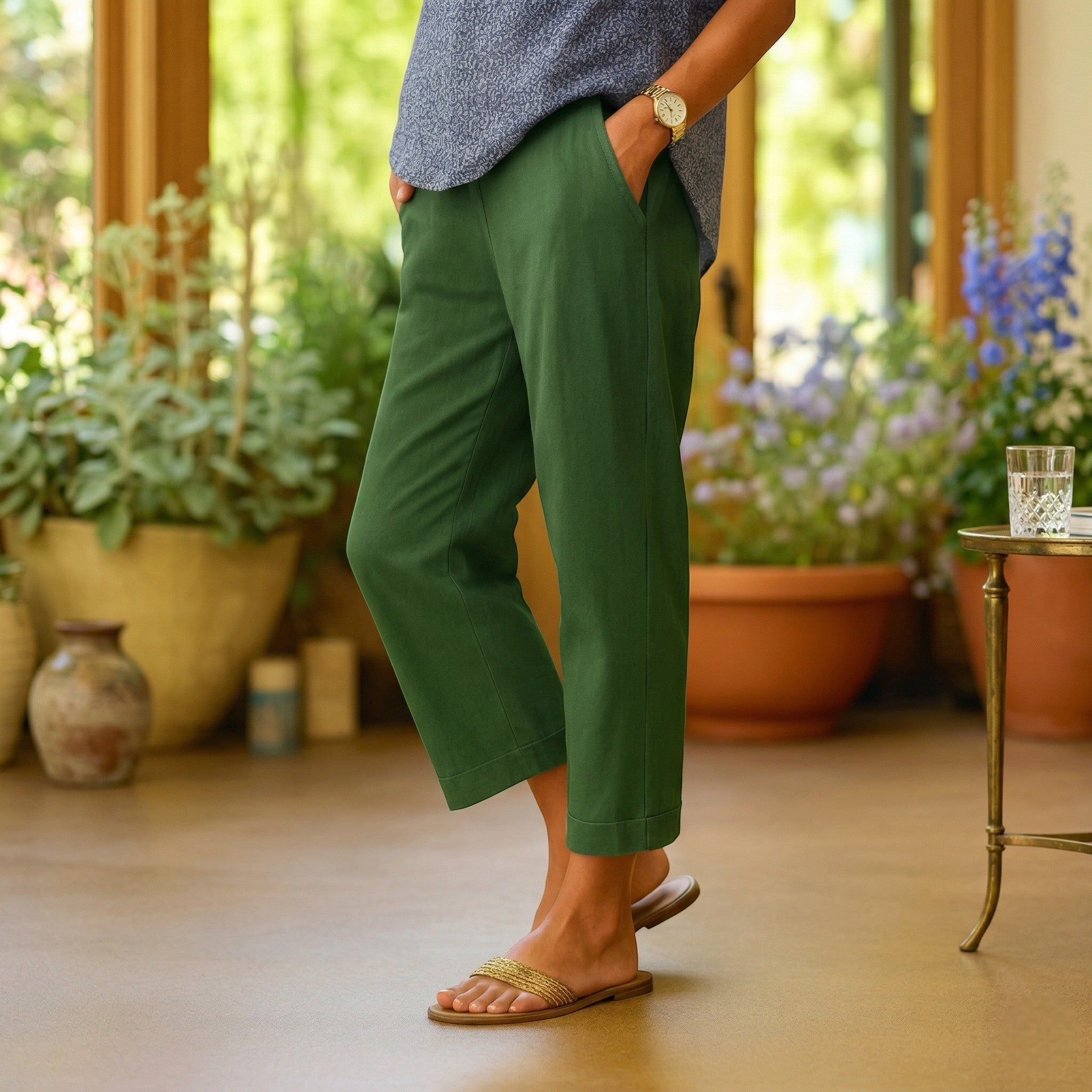 Alice - Women's Elastic Waist Straight Leg Cropped Trousers - Trousers - Green - Parker&Brooks