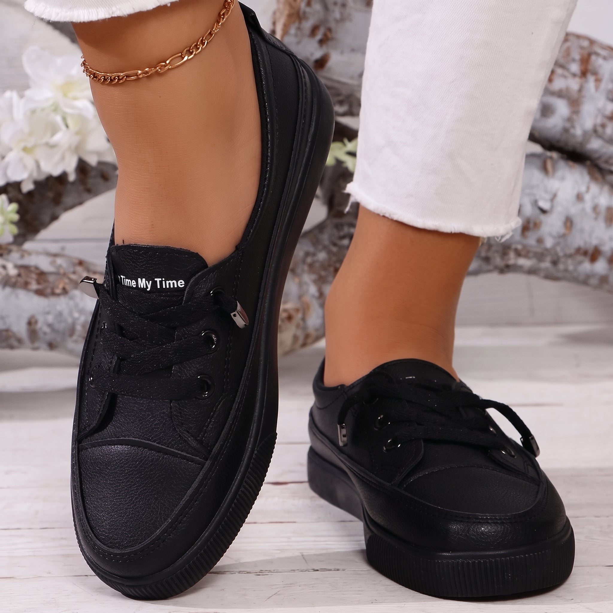 Alice - Women's Orthopedic Plain Low-Top Flat Sole Sneakers - Sneakers - Black - Parker&Brooks