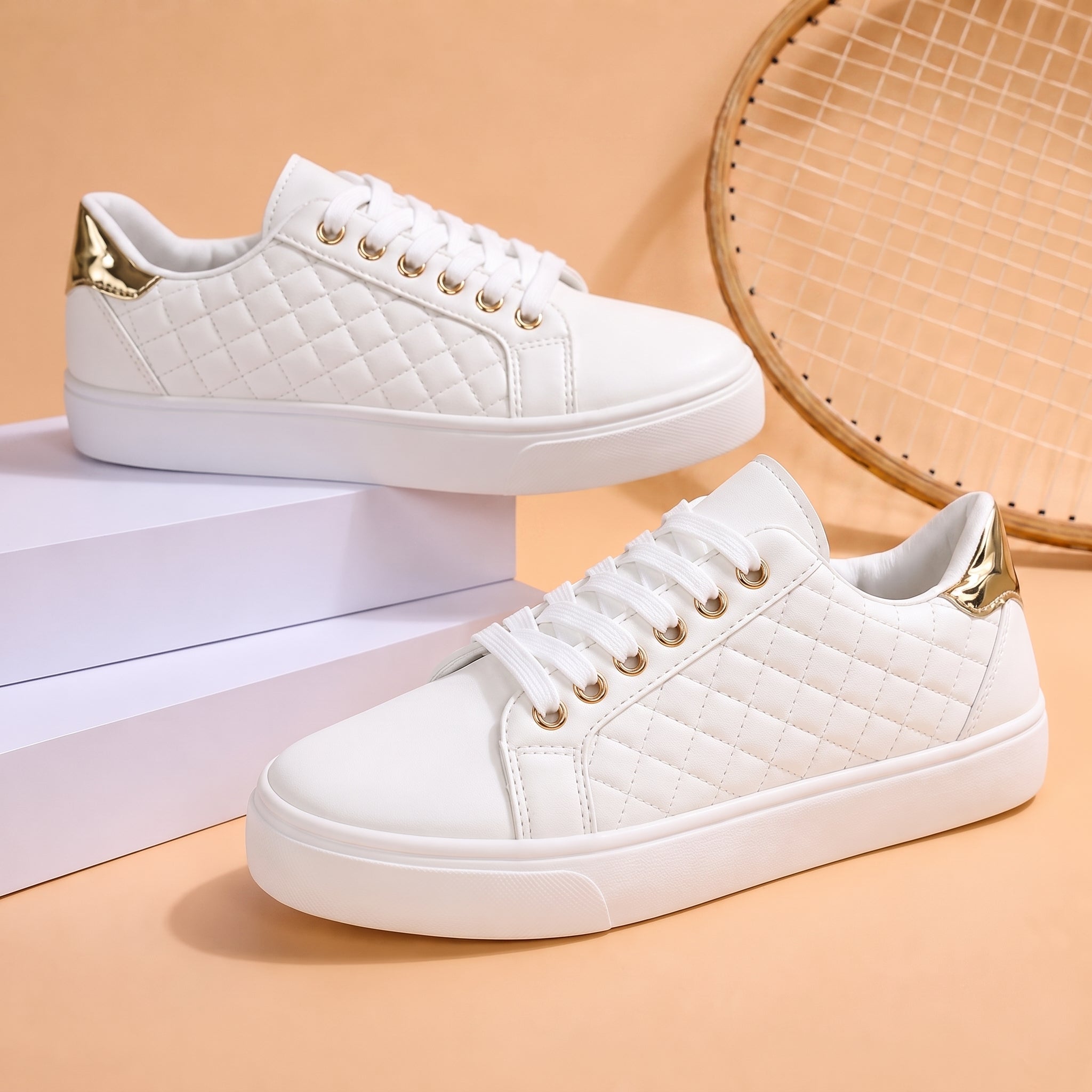 Alice - Women's Orthopedic Quilted Gold Eyelet Sneakers - Sneakers - White - Parker&Brooks