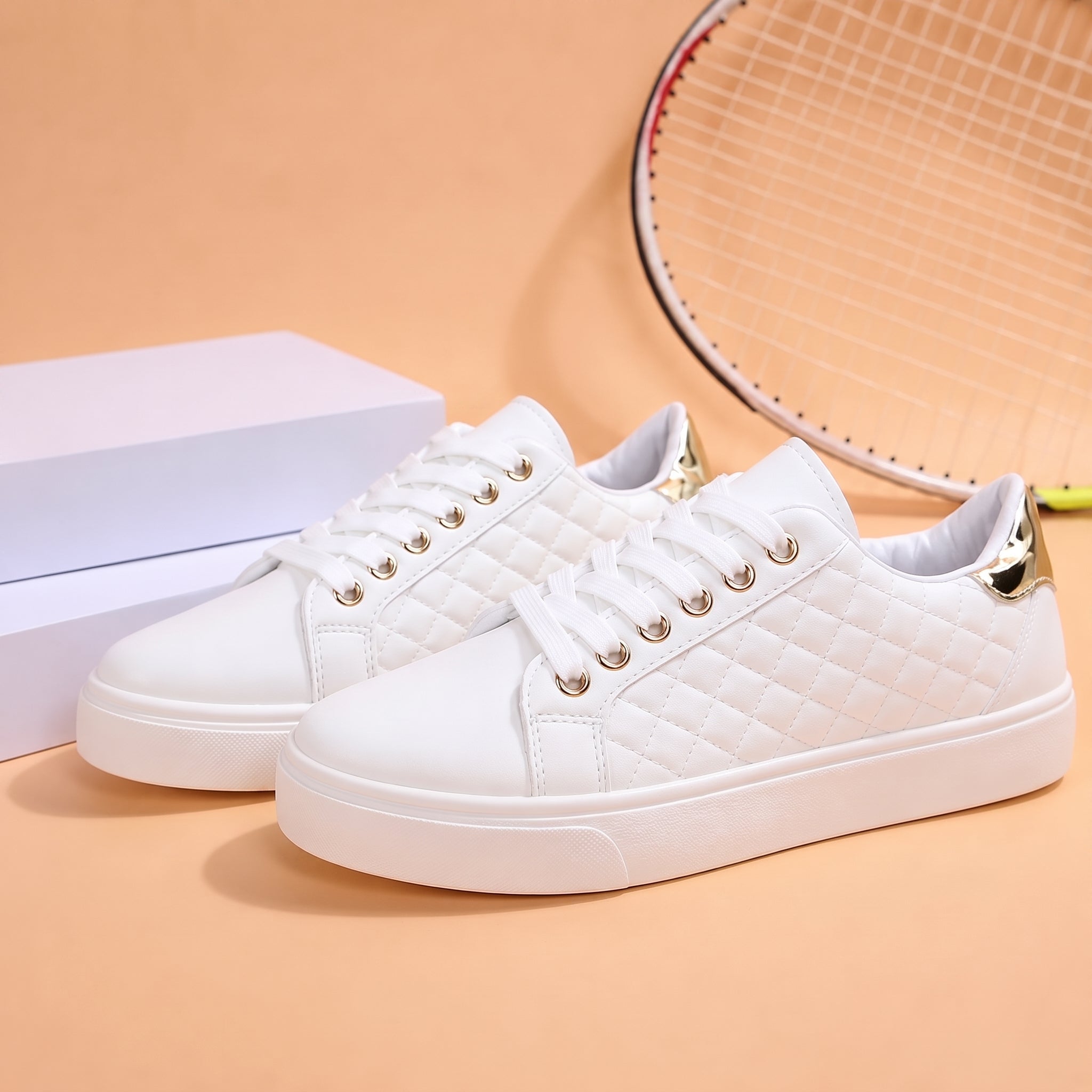 Alice - Women's Orthopedic Quilted Gold Eyelet Sneakers - Sneakers - White - Parker&Brooks
