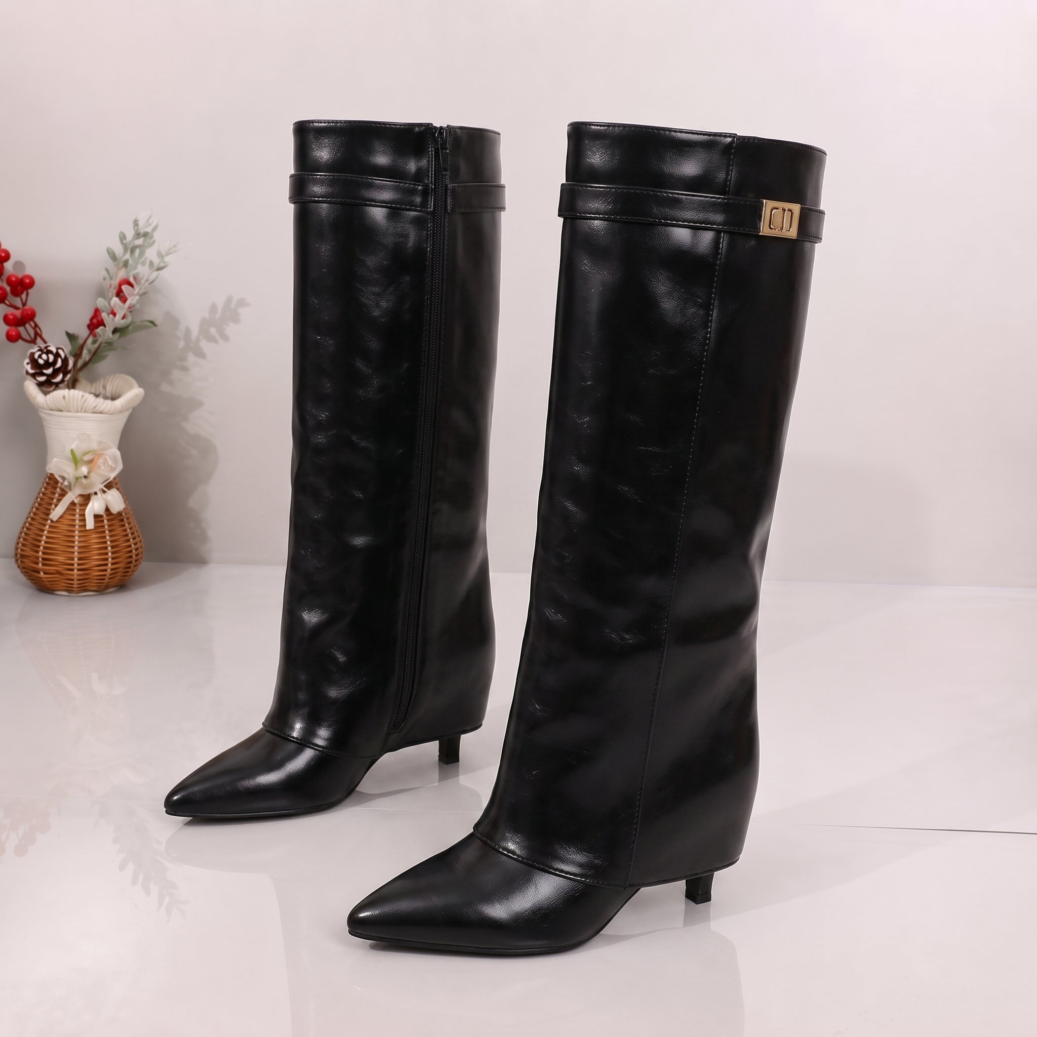 Alice - Women's Pointed Toe Fold Over Knee High Boots - Boots - Black - Parker&Brooks