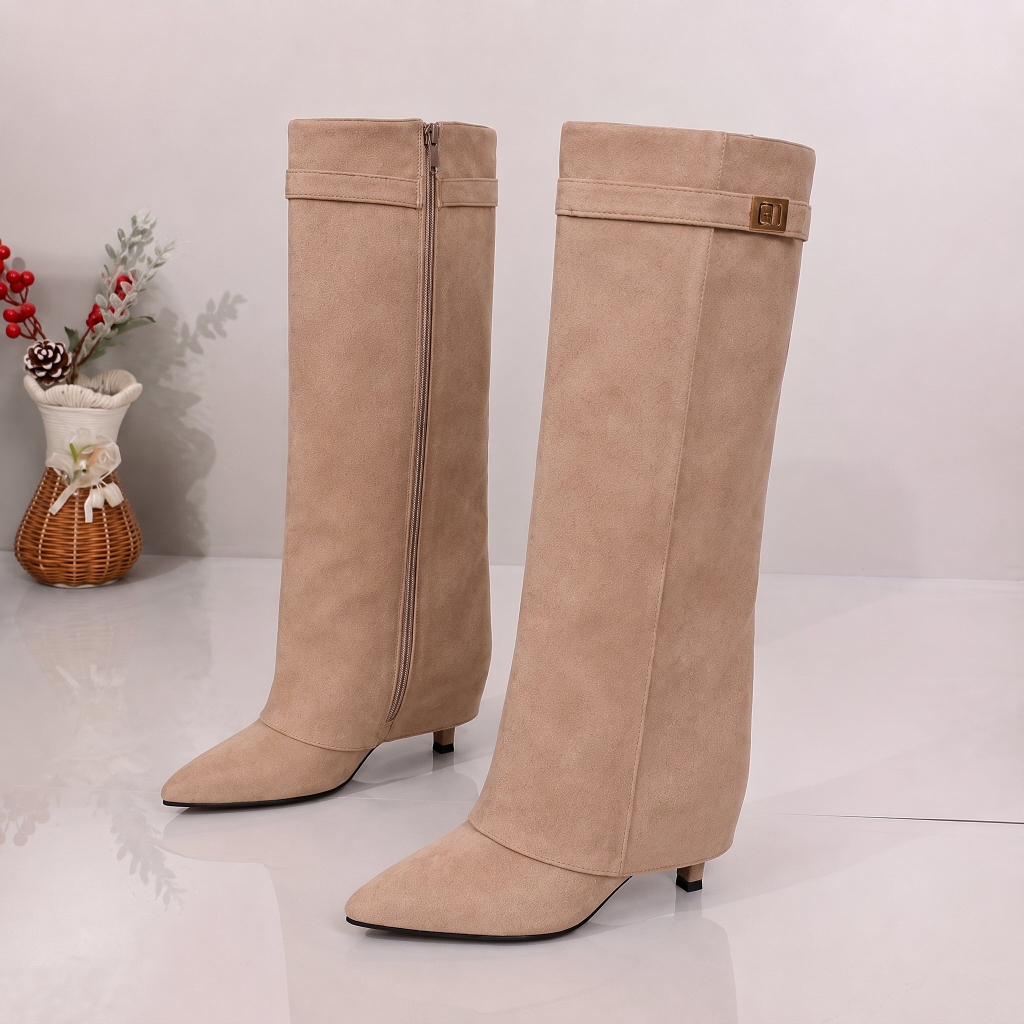 Alice - Women's Pointed Toe Fold Over Knee High Boots - Boots - Beige - Parker&Brooks