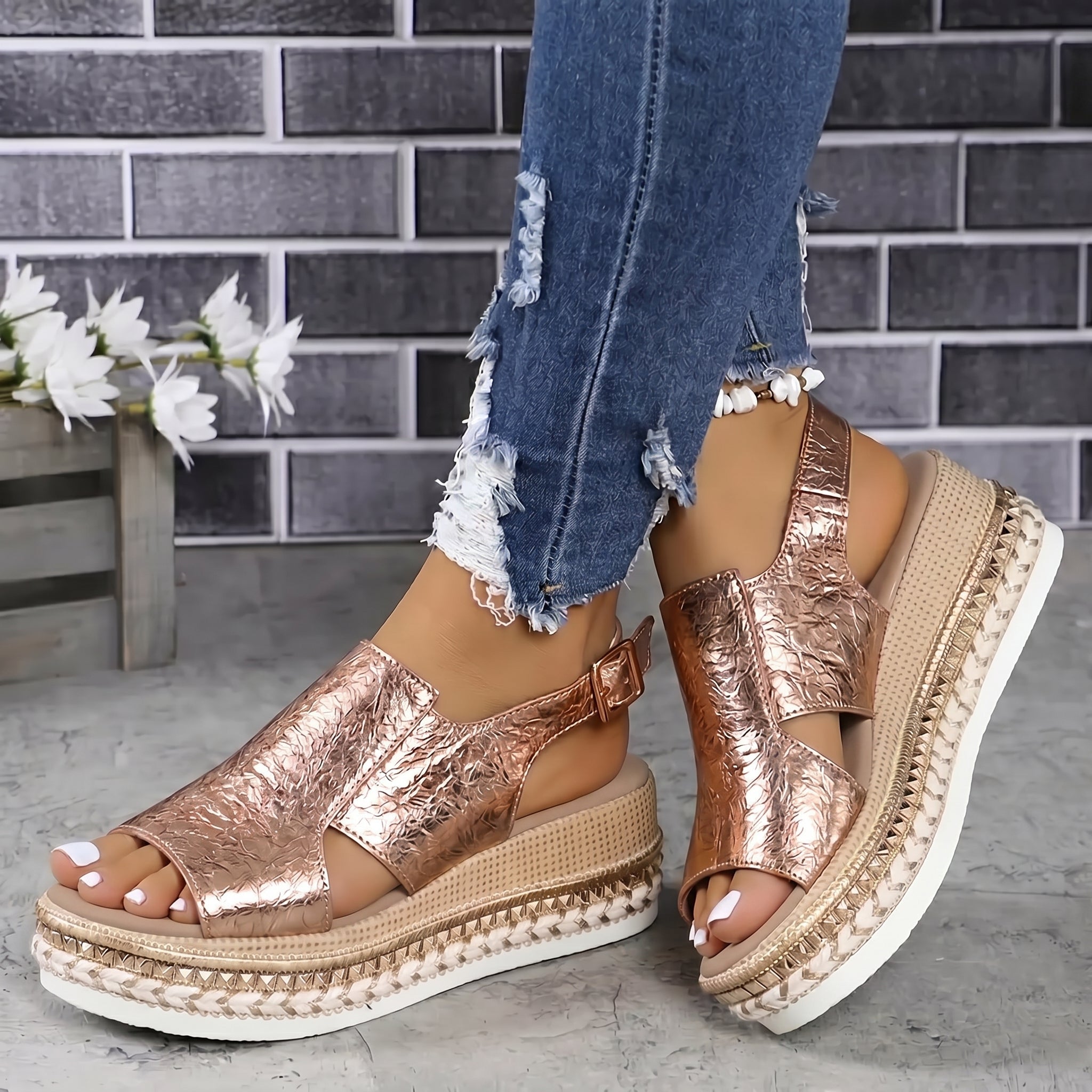 Alice - Women's Summer Open-Toe Wedge Sandals - Sandal - Rose gold - Parker&Brooks