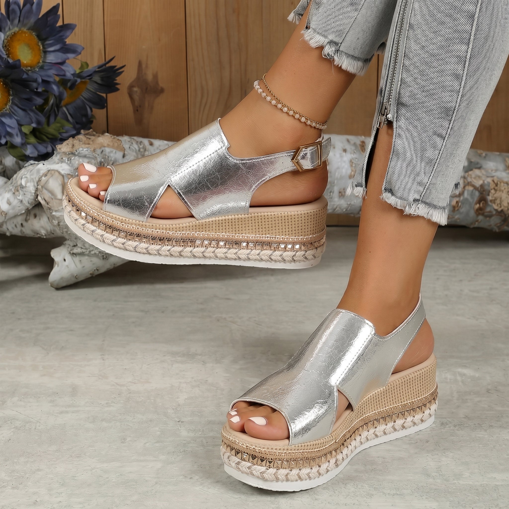 Alice - Women's Summer Open-Toe Wedge Sandals - Sandal - Silver - Parker&Brooks