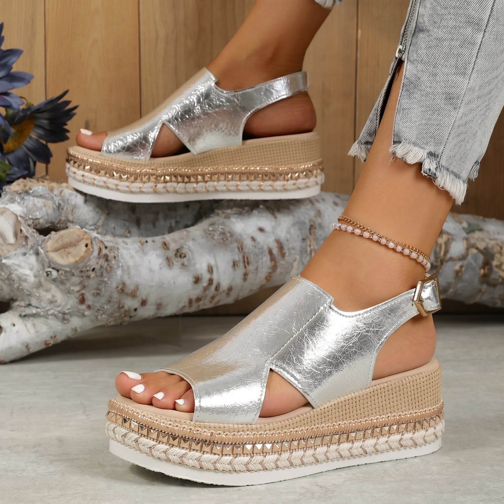 Alice - Women's Summer Open-Toe Wedge Sandals - Sandal - Silver - Parker&Brooks