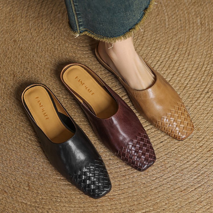 Alice - Women's Woven Slip-On Flat Square Toe Mules - Sandal - Black - Parker&Brooks