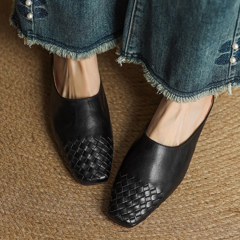 Alice - Women's Woven Slip-On Flat Square Toe Mules - Sandal - Black - Parker&Brooks