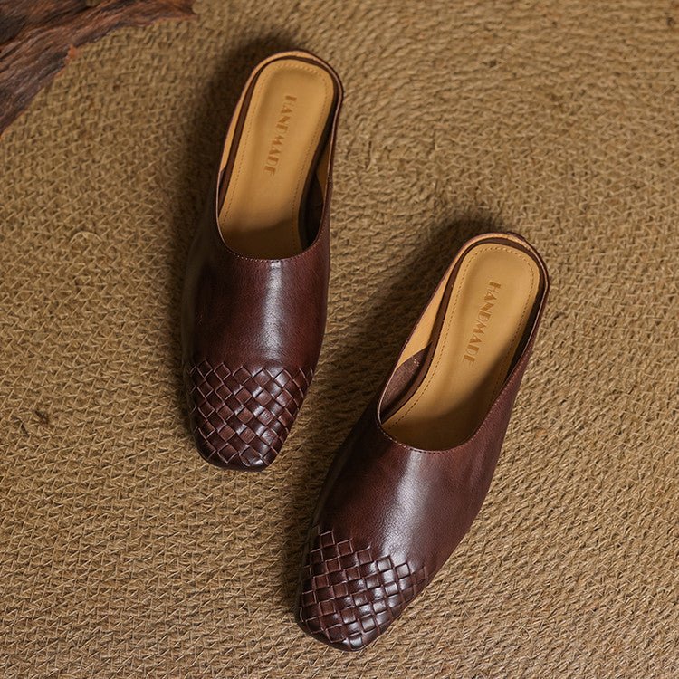 Alice - Women's Woven Slip-On Flat Square Toe Mules - Sandal - Brown - Parker&Brooks