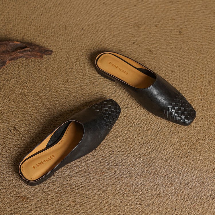 Alice - Women's Woven Slip-On Flat Square Toe Mules - Sandal - Black - Parker&Brooks