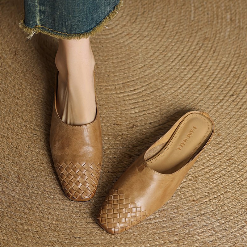 Alice - Women's Woven Slip-On Flat Square Toe Mules - Sandal - Khaki - Parker&Brooks