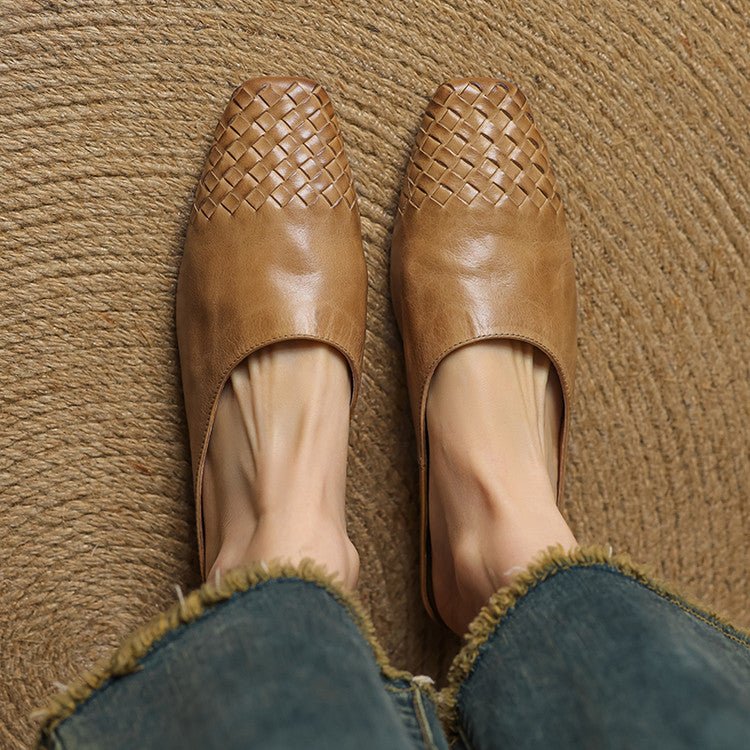 Alice - Women's Woven Slip-On Flat Square Toe Mules - Sandal - Khaki - Parker&Brooks