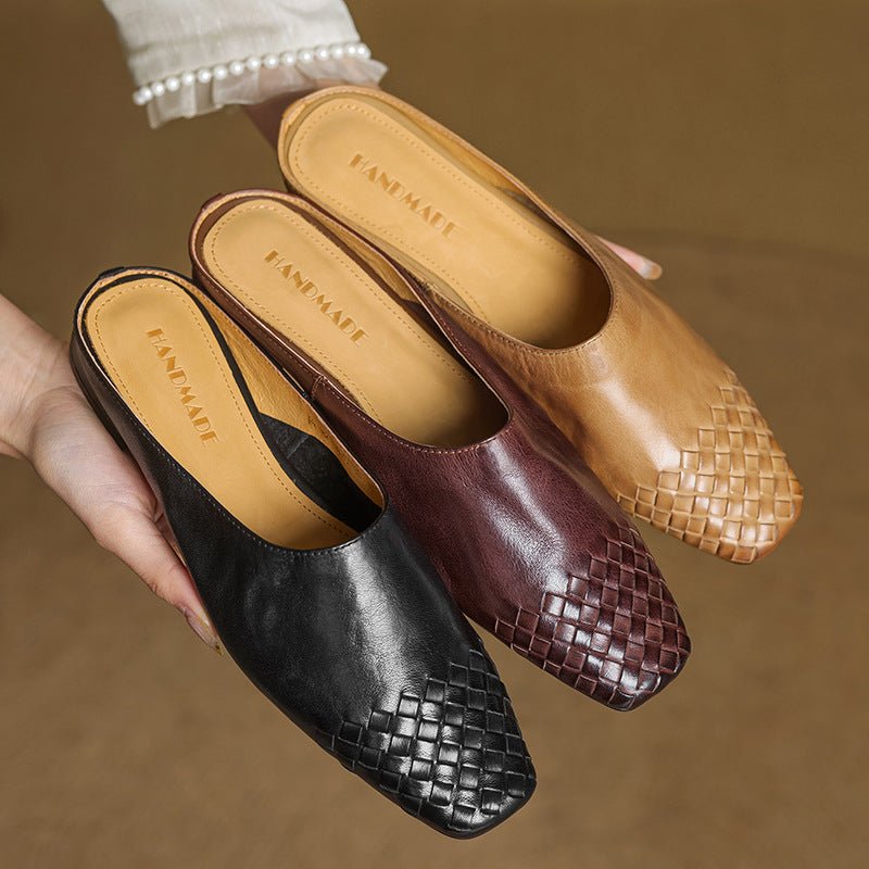 Alice - Women's Woven Slip-On Flat Square Toe Mules - Sandal - Black - Parker&Brooks