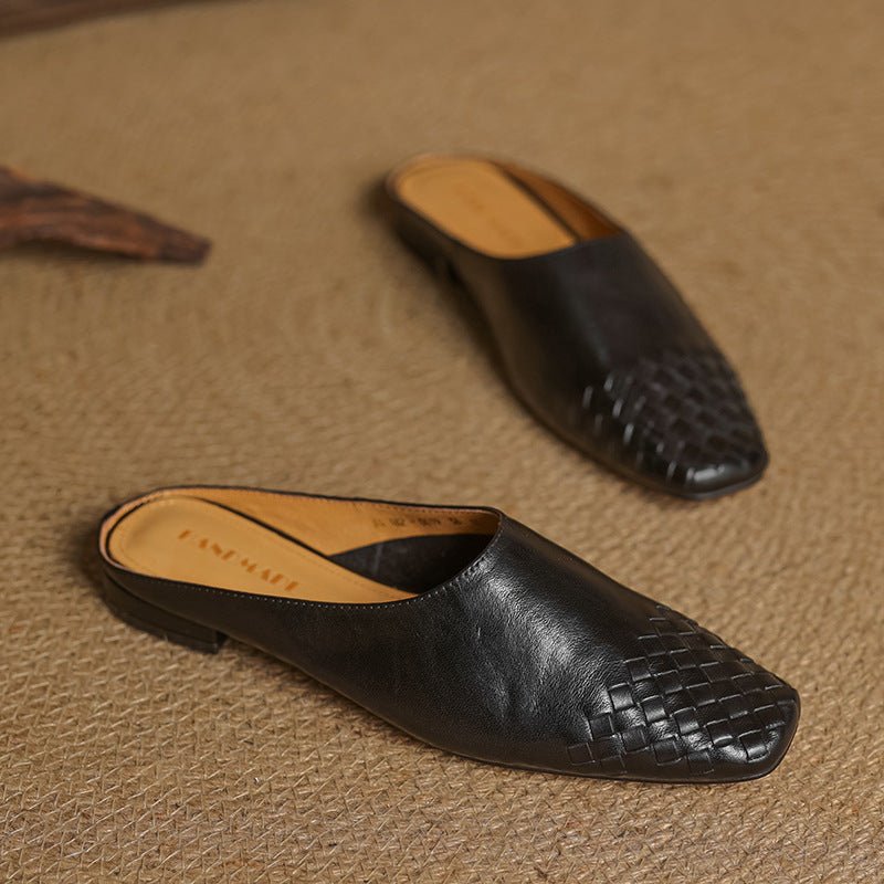 Alice - Women's Woven Slip-On Flat Square Toe Mules - Sandal - Black - Parker&Brooks