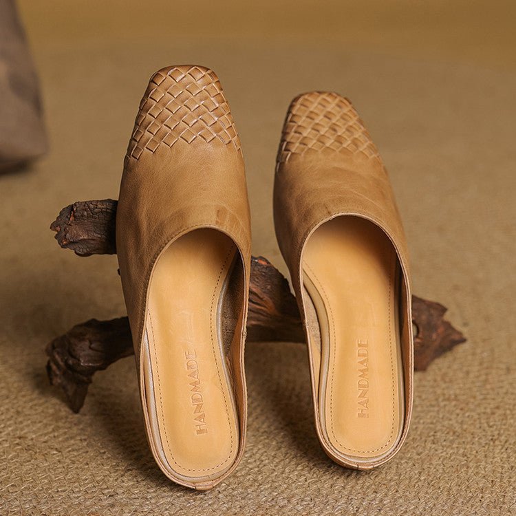 Alice - Women's Woven Slip-On Flat Square Toe Mules - Sandal - Khaki - Parker&Brooks