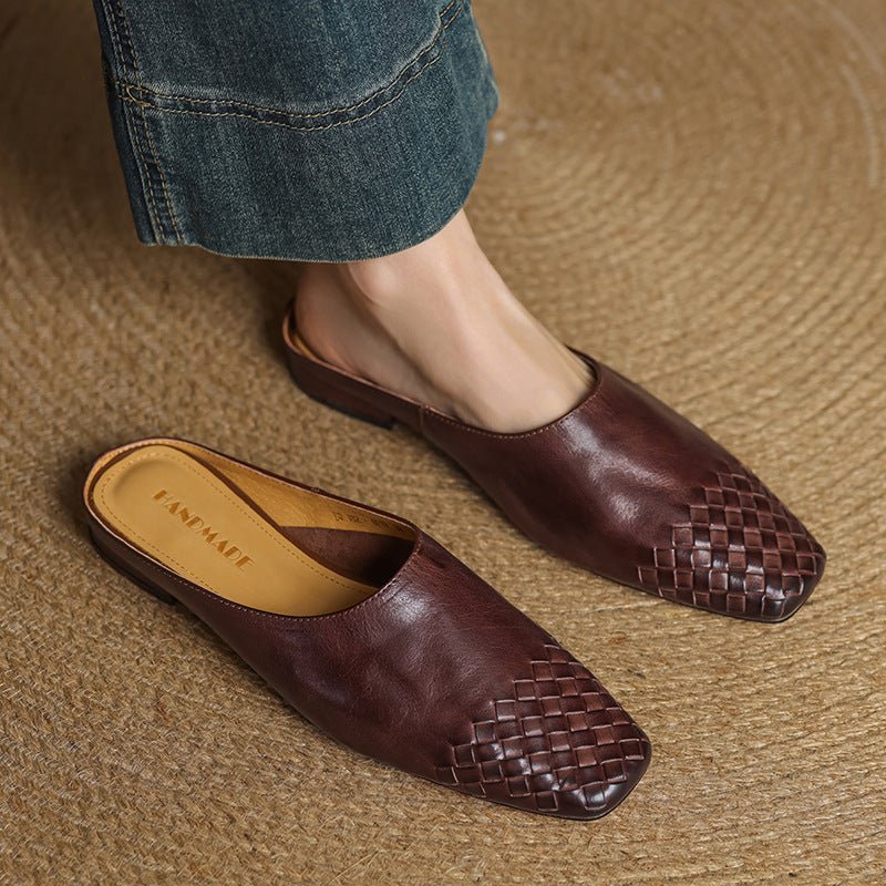 Alice - Women's Woven Slip-On Flat Square Toe Mules - Sandal - Brown - Parker&Brooks