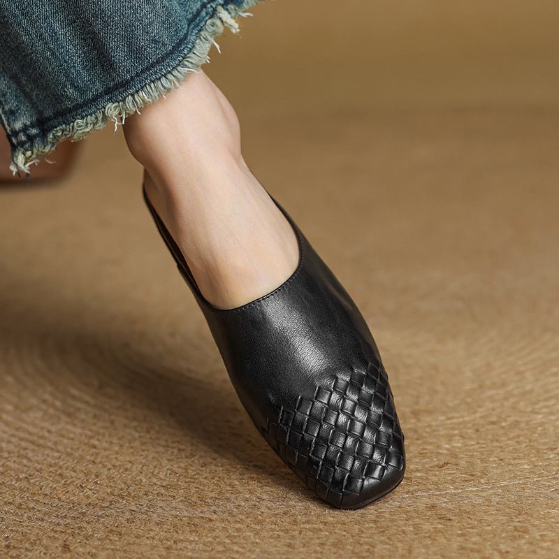 Alice - Women's Woven Slip-On Flat Square Toe Mules - Sandal - Black - Parker&Brooks