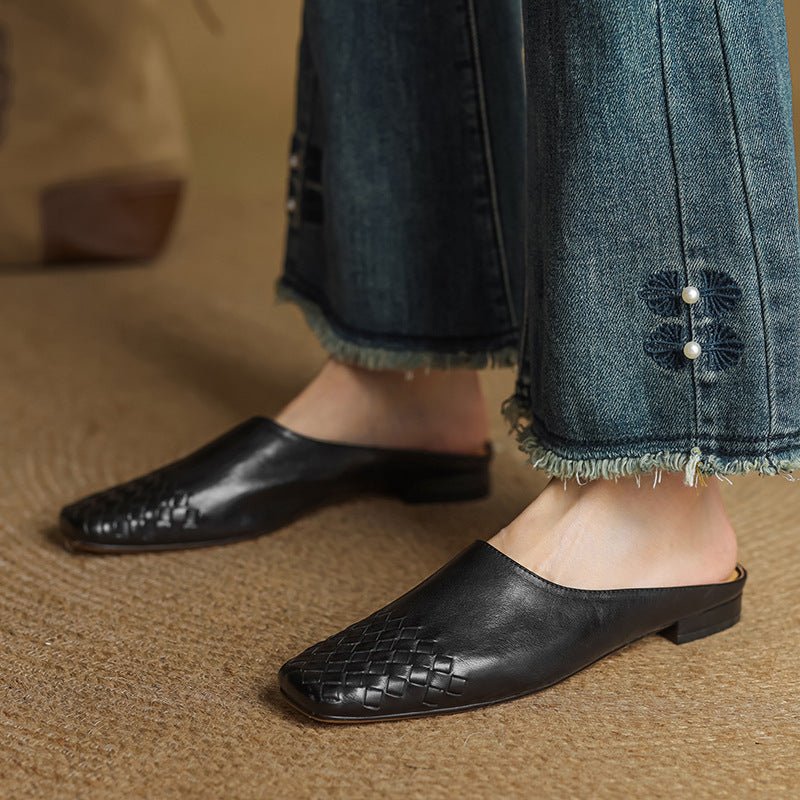 Alice - Women's Woven Slip-On Flat Square Toe Mules - Sandal - Black - Parker&Brooks