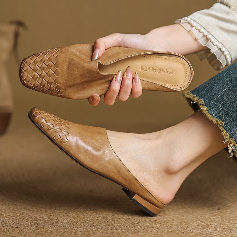 Alice - Women's Woven Slip-On Flat Square Toe Mules - Sandal - Khaki - Parker&Brooks