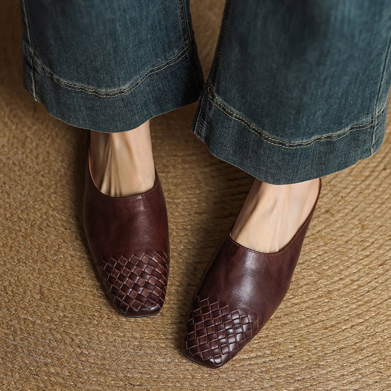 Alice - Women's Woven Slip-On Flat Square Toe Mules - Sandal - Brown - Parker&Brooks