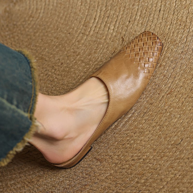 Alice - Women's Woven Slip-On Flat Square Toe Mules - Sandal - Khaki - Parker&Brooks