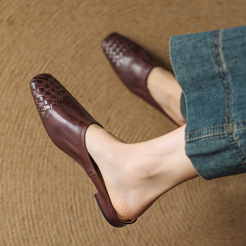Alice - Women's Woven Slip-On Flat Square Toe Mules - Sandal - Brown - Parker&Brooks