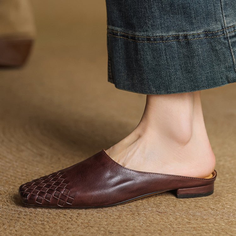 Alice - Women's Woven Slip-On Flat Square Toe Mules - Sandal - Brown - Parker&Brooks