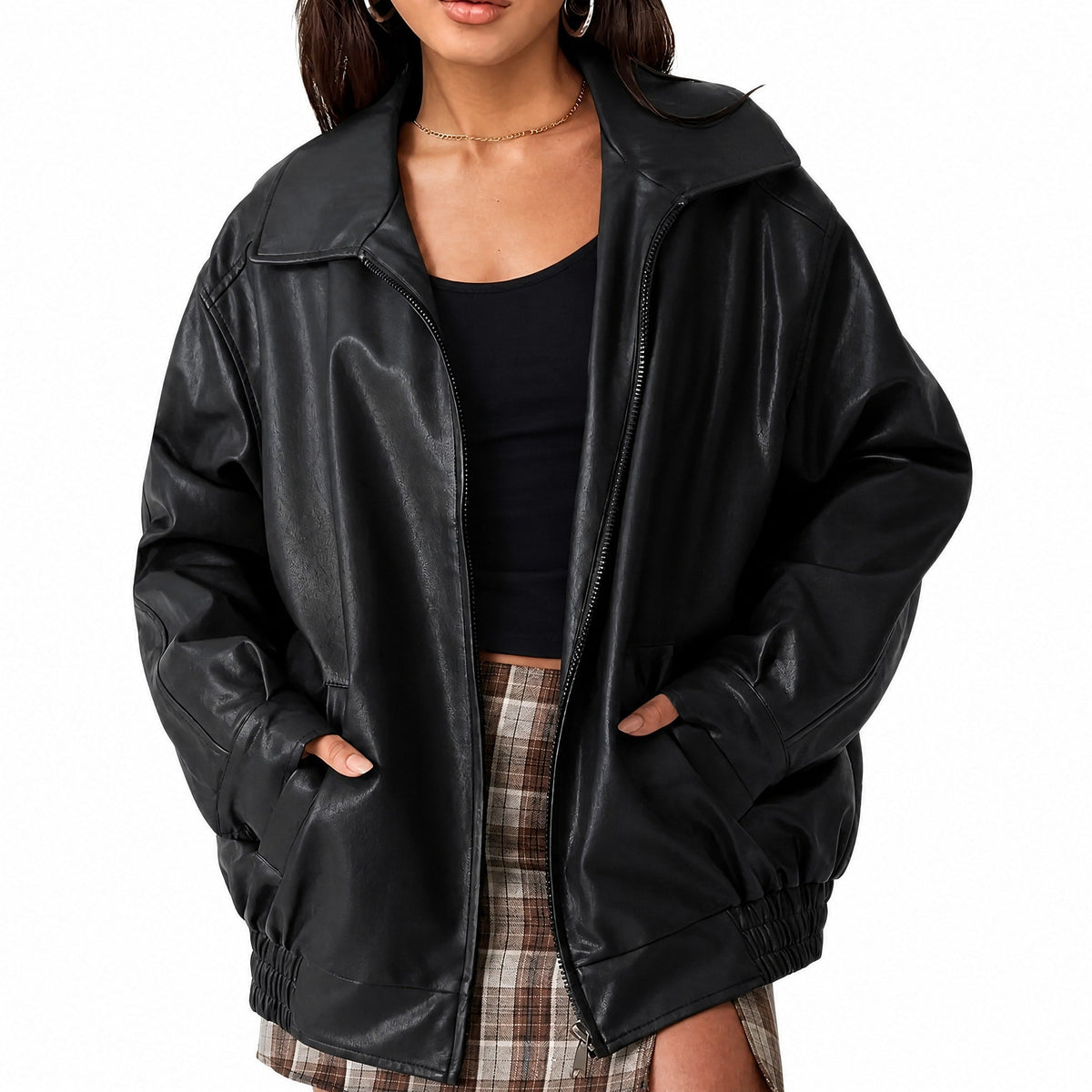 Althea - Women's Oversized Collared Zip-Up Leather Jacket - Bomber Jackets - Black - Parker&Brooks