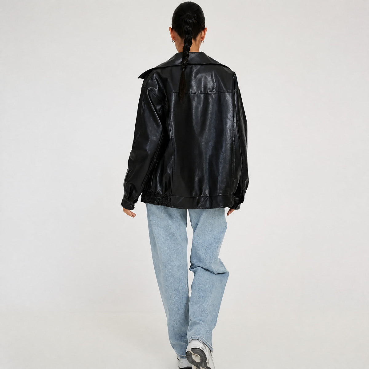 Althea - Women's Oversized Collared Zip-Up Leather Jacket - Bomber Jackets - Black - Parker&Brooks