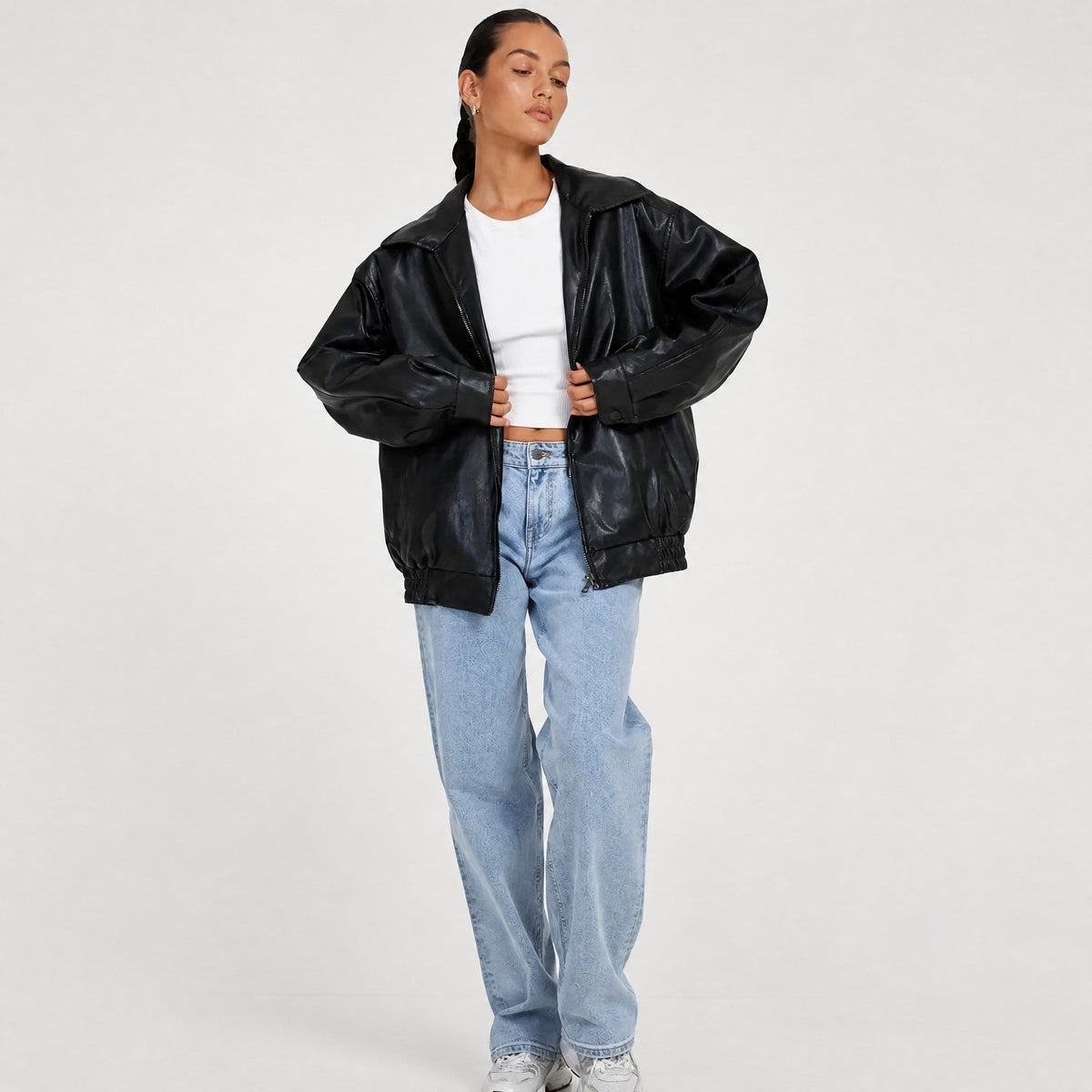 Althea - Women's Oversized Collared Zip-Up Leather Jacket - Bomber Jackets - Black - Parker&Brooks