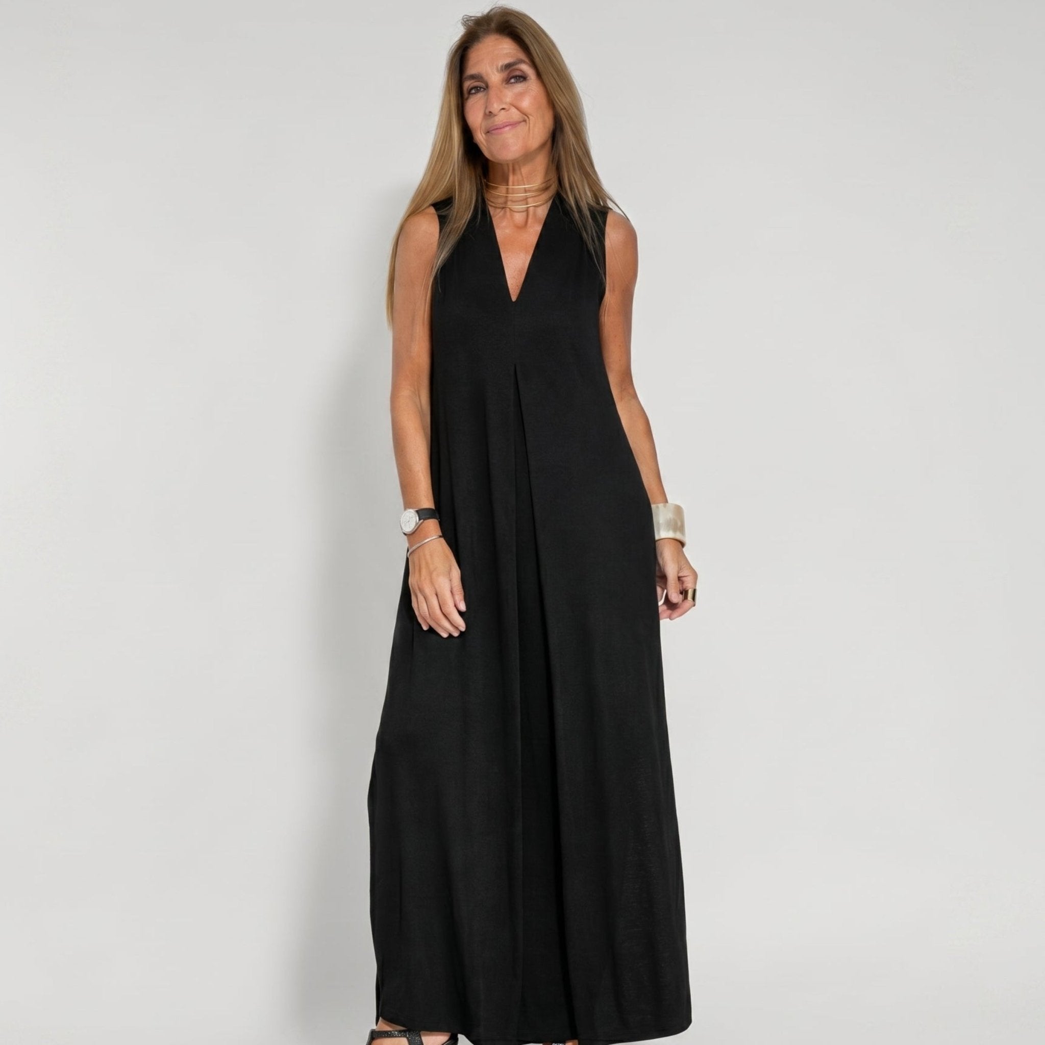 Alwine - Women's Summer Sleeveless Pleated Maxi Dress - Dresses - Black - Parker&Brooks